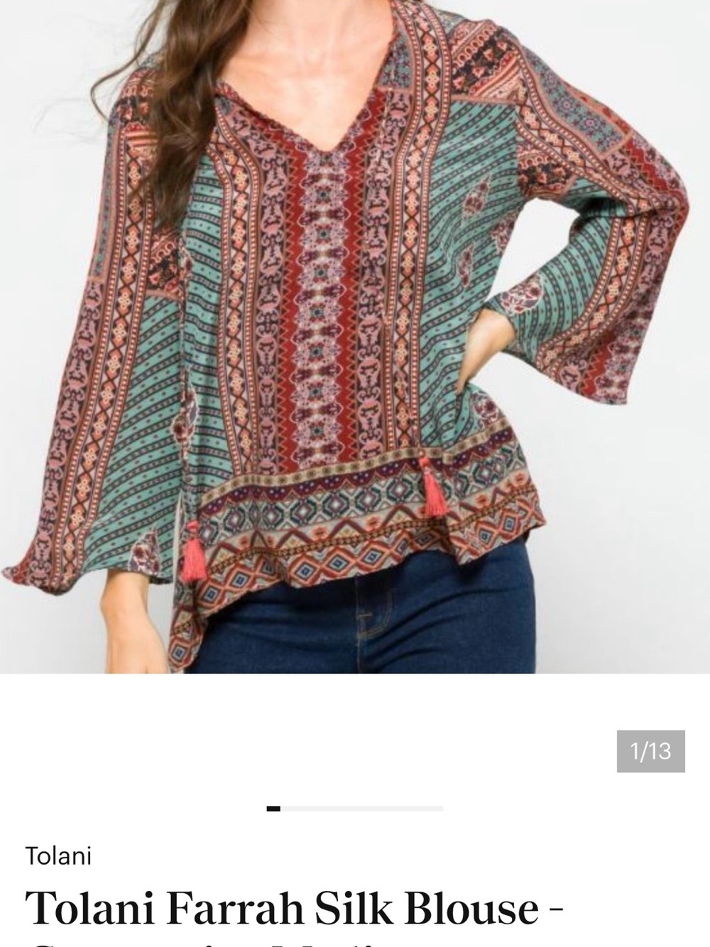 Tolani Farrah Printed V-Neck Silk Blouse in Teal & Rust Women’s XS Fall Boho